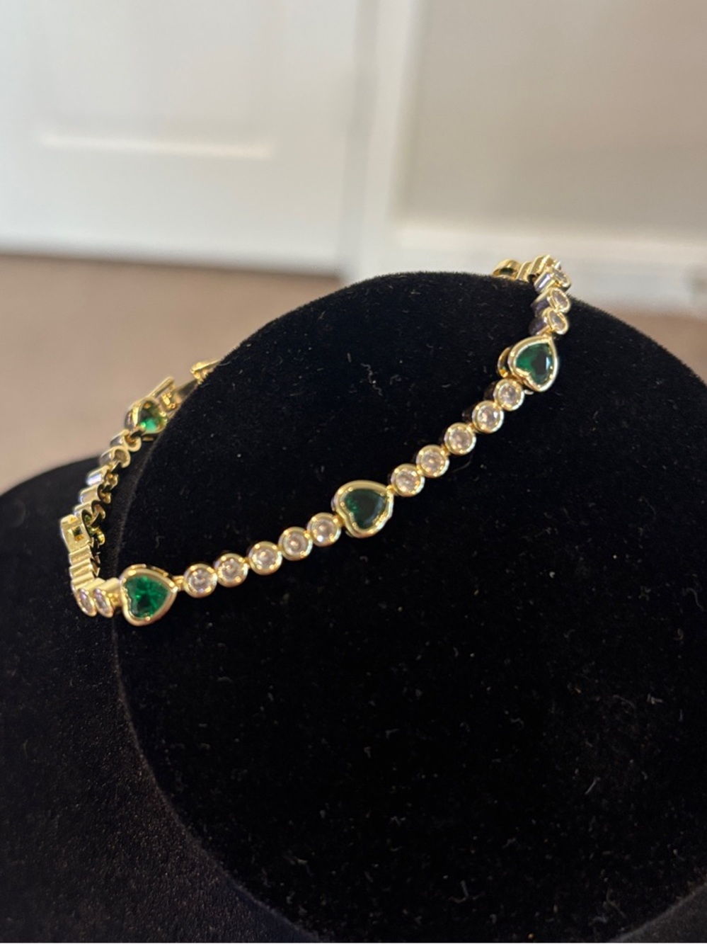 Gold Bracelet with Emerald Heart Stones and Clear Accents #1